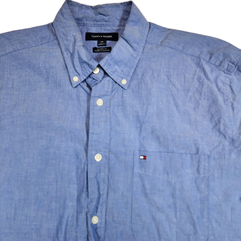 Tommy Hilfiger Blue Chambray Short Sleeve Button Down Shirt Mens Large Cotton